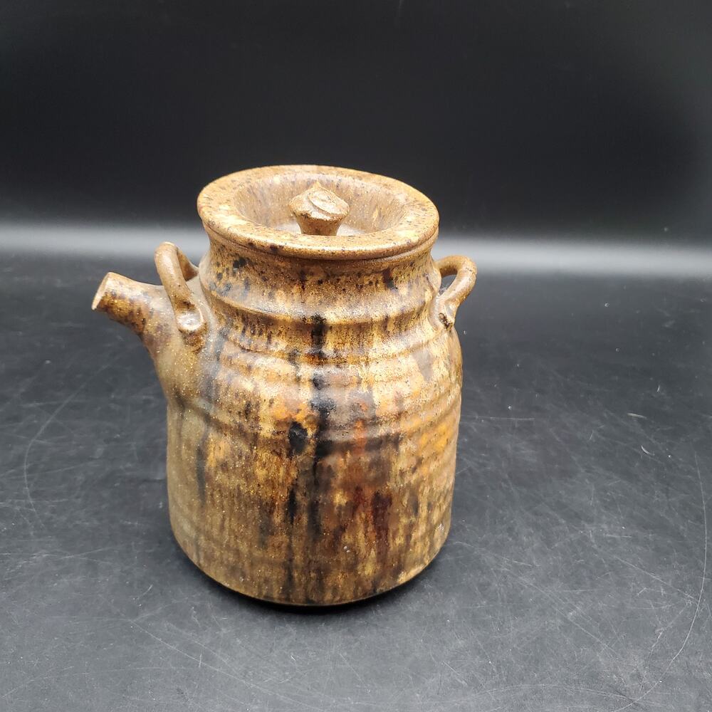 Signed Studio Pottery Teapot Brown Drip Glaze Handmade Stoneware Vessel Jar